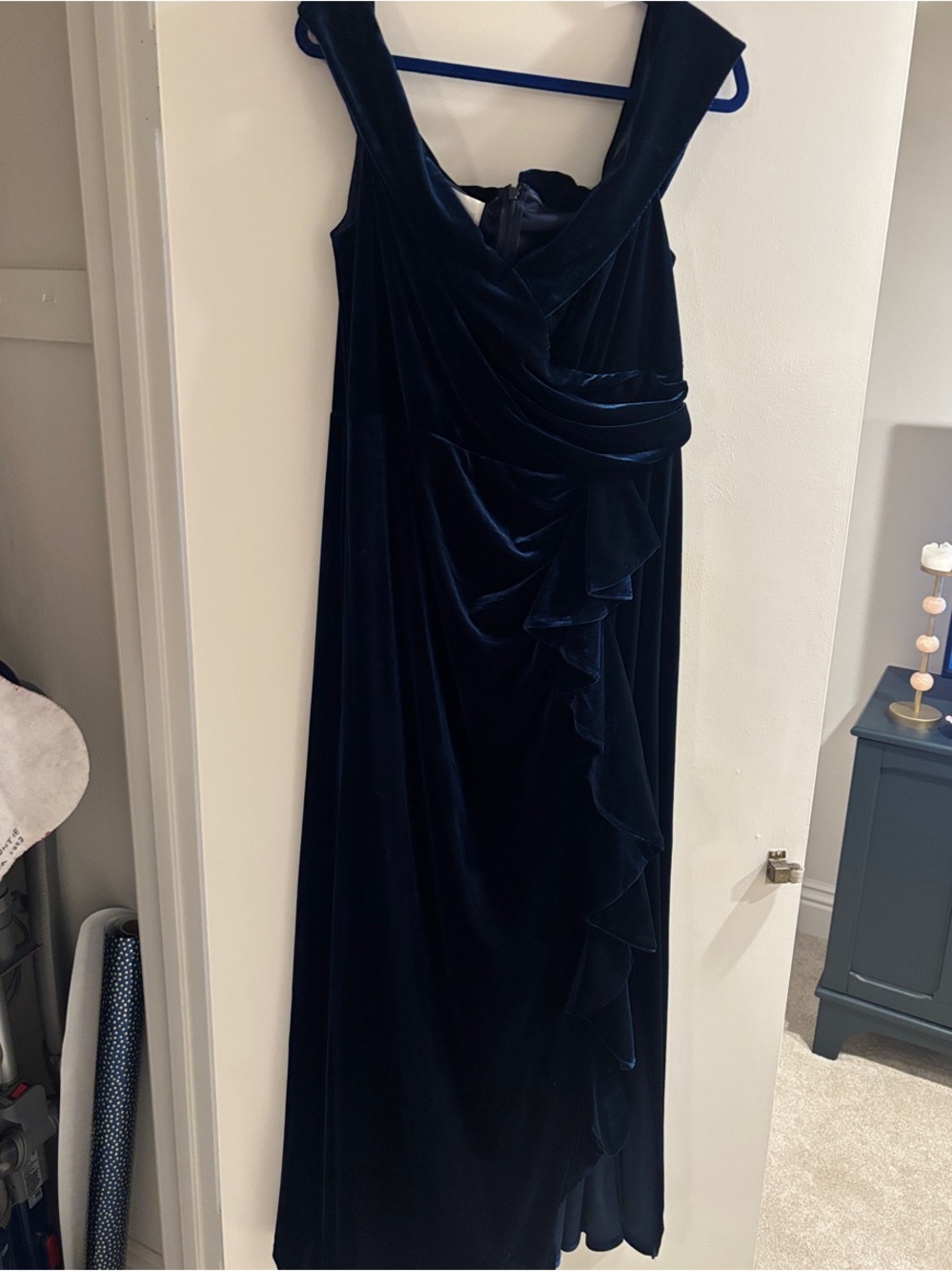 Oleg Cassini Deep Navy Velvet Off-Shoulder Maxi Dress - Picture 3 of 3
